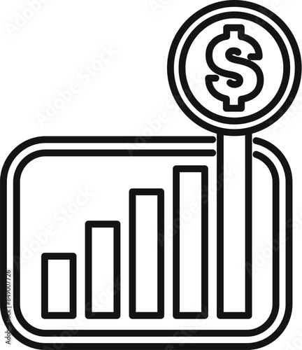Simple line icon representing a bar chart growing higher with a dollar sign above it, symbolizing a positive financial trend