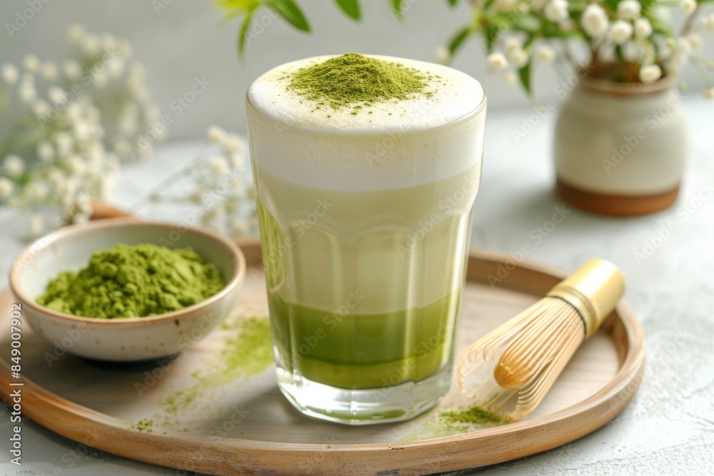 Refreshing matcha latte served in a glass with layers, accompanied by a bowl of matcha powder and a bamboo whisk