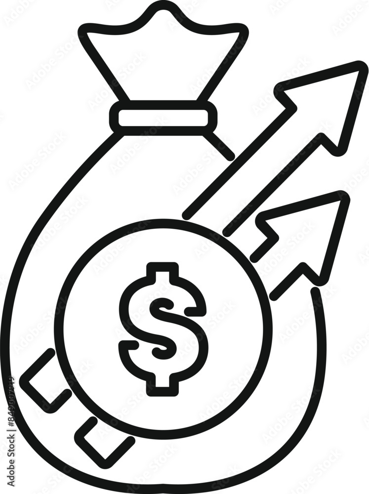 Line art style icon of a money bag with a dollar coin and growing up arrows, representing a successful investment Line art style icon of a money bag with a dollar coin and growing up arrows, representing a successful investment