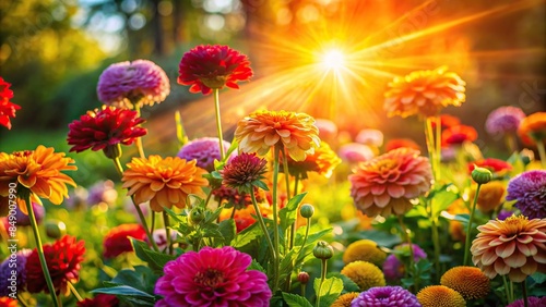 Morning sunlight casting a warm glow on vibrant garden flowers, sunshine, morning, lush garden, flowers, sunlight, vibrant © Sangpan