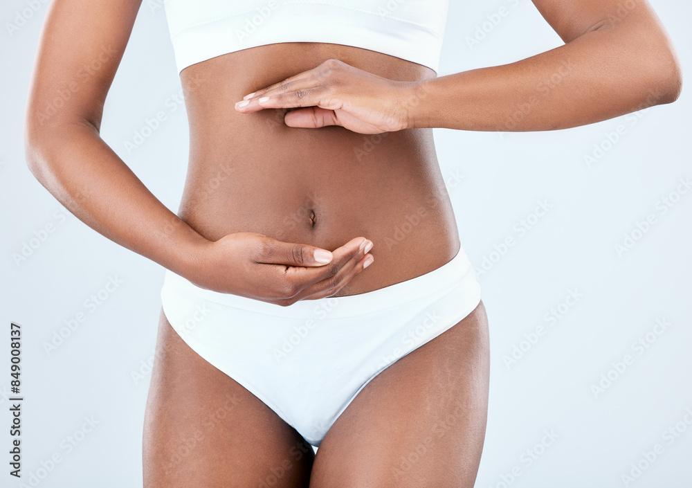 Hands, black woman and stomach health in studio with underwear, skincare beauty and detox diet for gut wellness. African, female person and body, weight loss and nutrition balance on white background Hands, black woman and stomach health in studio with underwear, skincare beauty and detox diet for gut wellness. African, female person and body, weight loss and nutrition balance on white background