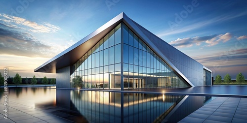 Sleek, minimalist building design with sharp angles and reflective surfaces, futuristic, elegant, architecture