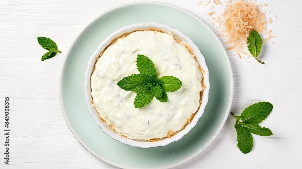 Top view of coconut cream pie garnished with mint leaves on white background with copy space Top view of coconut cream pie garnished with mint leaves on white background with copy space