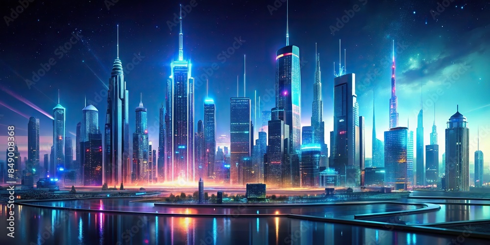 Futuristic city showcasing holograms of buildings and transportation, smart city, technology, hologram, future