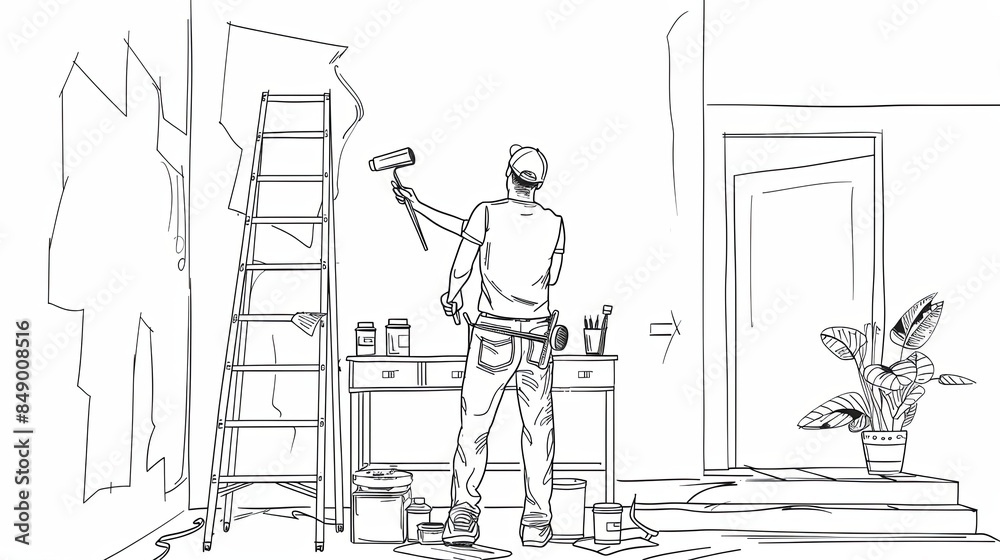 A single-line drawing of a painter working on a room renovation, using a paint roller and ladder. Generative AI A single-line drawing of a painter working on a room renovation, using a paint roller and ladder. Generative AI