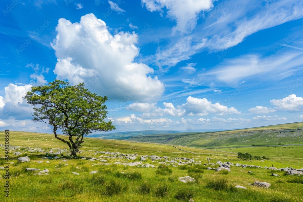 photograph of the blue sky and white clouds above an ancient stone wall in an Irish field with rocks scattered across it, there is one tree standing alone on top of another rock outcropping photograph of the blue sky and white clouds above an ancient stone wall in an Irish field with rocks scattered across it, there is one tree standing alone on top of another rock outcropping