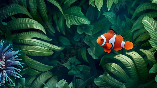 clownfish, Amphiprion Ocellaris Clownfish or anemone fish on a background of green tropical plants photo