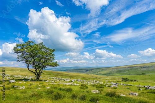 photograph of the blue sky and white clouds above an ancient stone wall in an Irish field with rocks scattered across it, there is one tree standing alone on top of another rock outcropping © MD Media