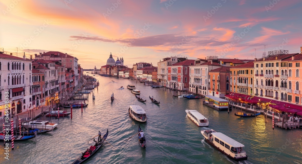 Obraz premium Photograph of the Grand Canal in Venice, Italy at sunset. The photo captures the bustling activity on boats and street vendors along its banks.