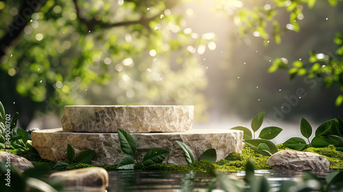 Podium pedestal, Nature and Organic for cosmetic and food presentation theme for promotion of cosmetics, healthy or beauty product placement pedestal display. Natural showcase product present