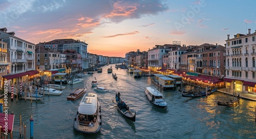 Photograph of the Grand Canal in Venice, Italy at sunset. The photo captures the bustling activity on boats and street vendors along its banks.