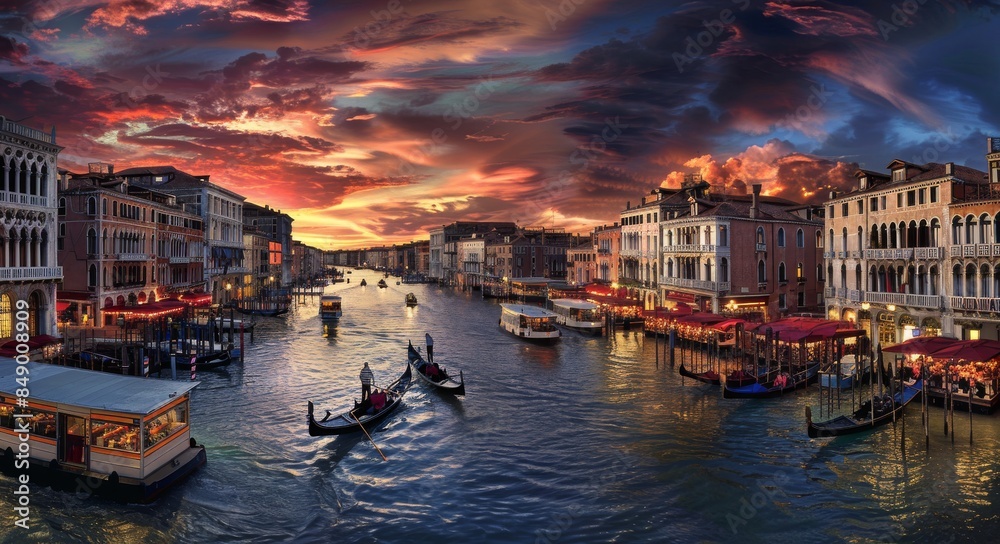 Fototapeta premium Photograph of the Grand Canal in Venice, Italy at sunset. The photo captures the bustling activity on boats and street vendors along its banks.