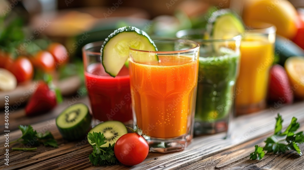 Close up of fresh ingredients and appetizing vegetable juices on a wooden table Close up of fresh ingredients and appetizing vegetable juices on a wooden table