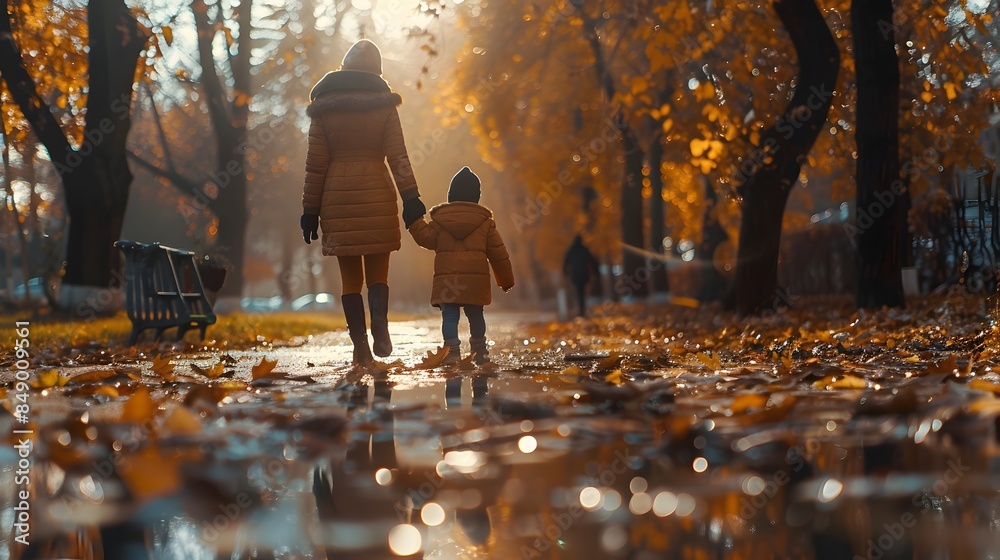 Fototapeta premium Mother and Child Strolling Through Autumn Park Leaves Underfoot and Togetherness