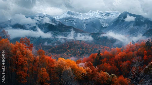 Majestic Autumn Mountain Landscape with Snowy Peaks and Vibrant Fall Foliage