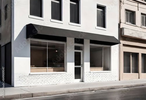 white boutique storefront  white black awning , downtown european architecture