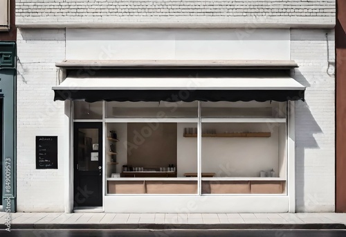 white boutique storefront  white black awning , downtown european architecture