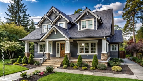 Front view of a slate gray craftsman cottage with triple pitched roof and curated landscaping
