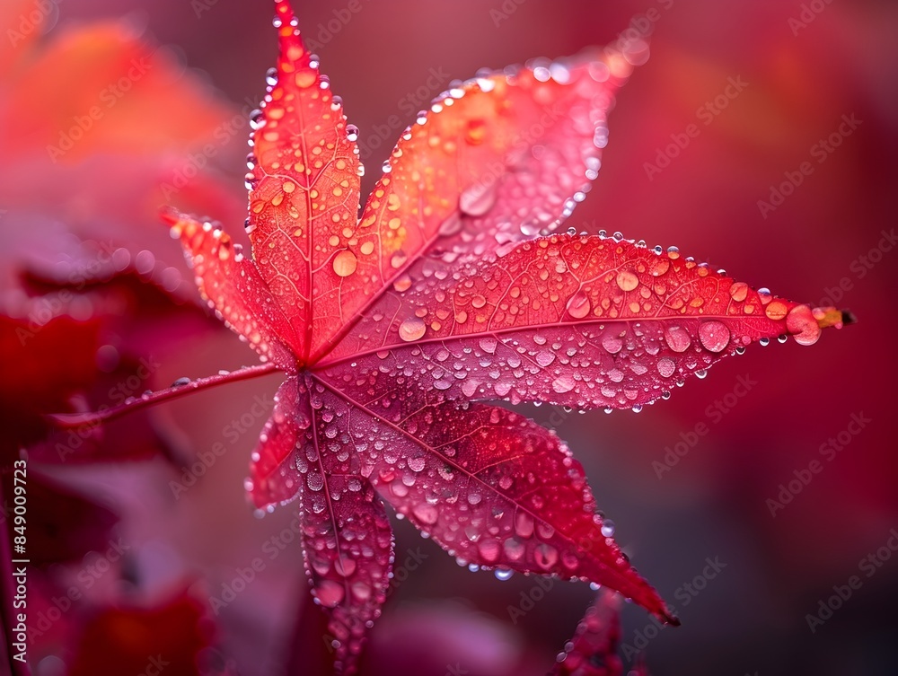 Dew Covered Vibrant Red Maple Leaf Against Soft Blurred Autumn Background Dew Covered Vibrant Red Maple Leaf Against Soft Blurred Autumn Background