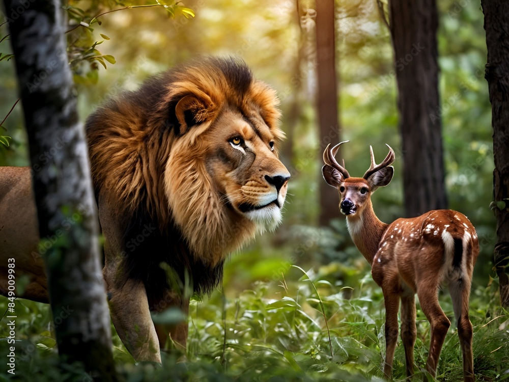 Fototapeta premium Portrait of a big lion and a small deer in the forest