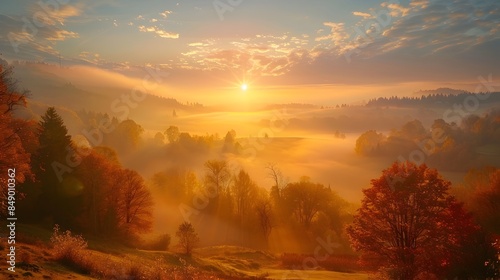 Breathtaking Autumn Sunrise Over Misty Foggy Valley With Vibrant Foliage © Thares2020