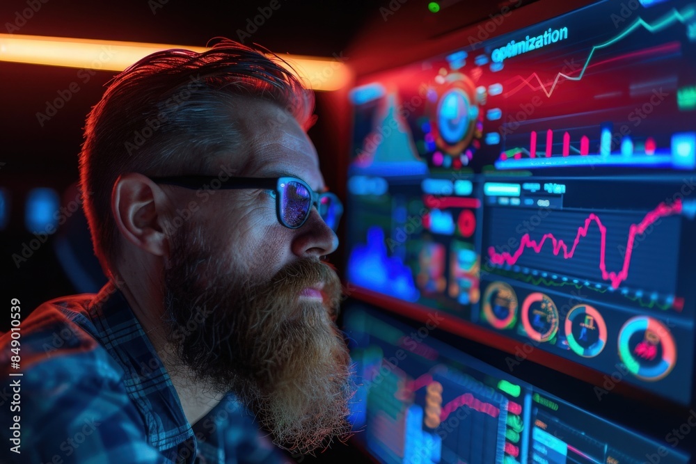 Fototapeta premium A bearded consultant wearing glasses analyzes complex data on multiple computer screens in a brightly lit office.