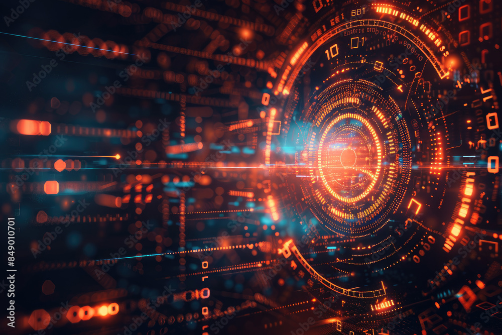 Obraz premium Abstract technology background with binary code and circuit board. Futuristic data visualization.