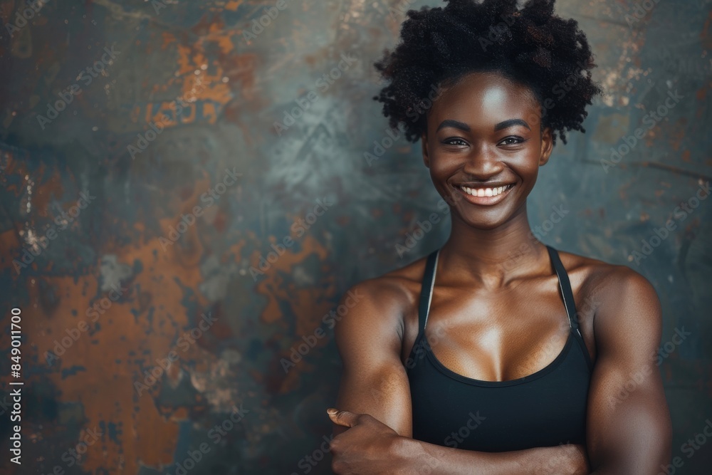 A muscular woman wearing a sports bra smiles confidently at the camera while standing in a gym. A muscular woman wearing a sports bra smiles confidently at the camera while standing in a gym.