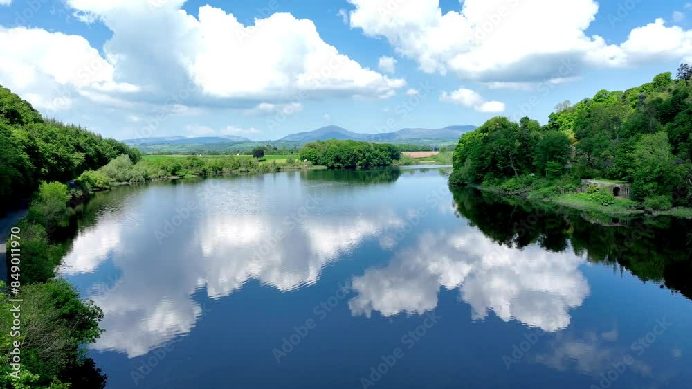 Ireland Epic locations drone landscape reflection of clouds on the River Blackwater With mountains in background on a calm summer day in West Waterford Ireland Epic locations drone landscape reflection of clouds on the River Blackwater With mountains in background on a calm summer day in West Waterford