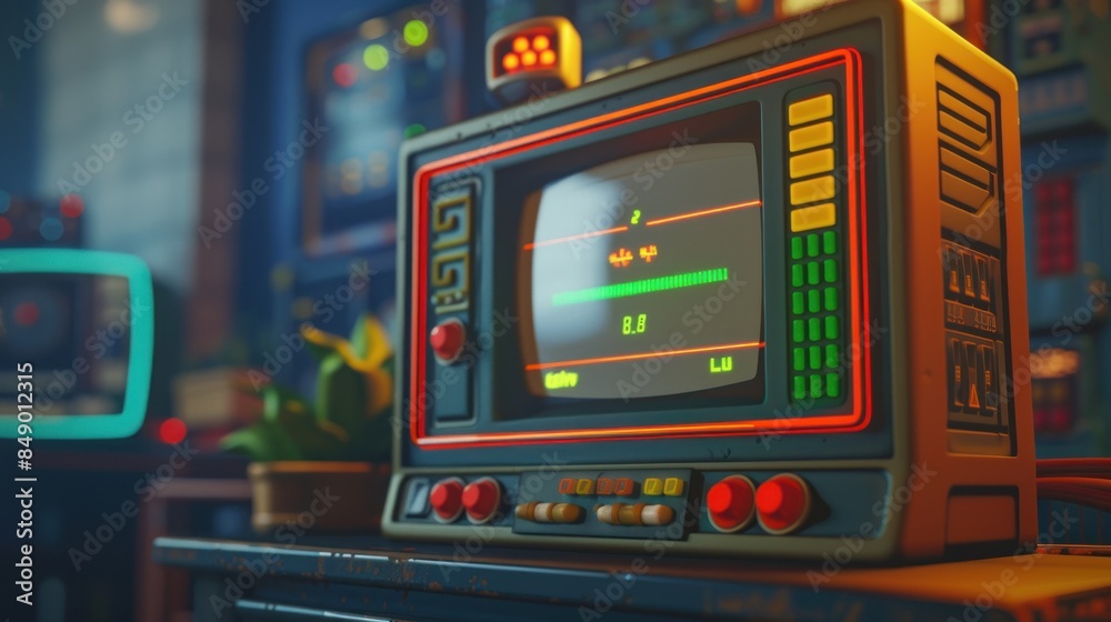 Close up Retro Arcade Video Game Console with Eight Bit Game Playing on Screen Close up Retro Arcade Video Game Console with Eight Bit Game Playing on Screen