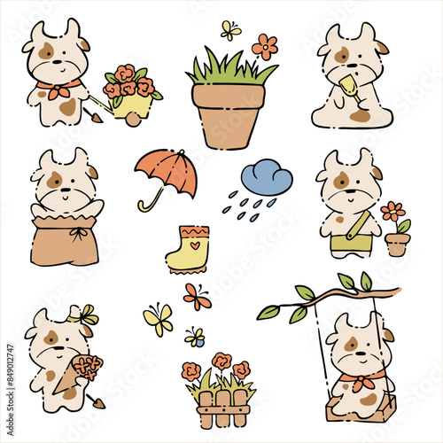 set of cute cows character vector gardener flowers