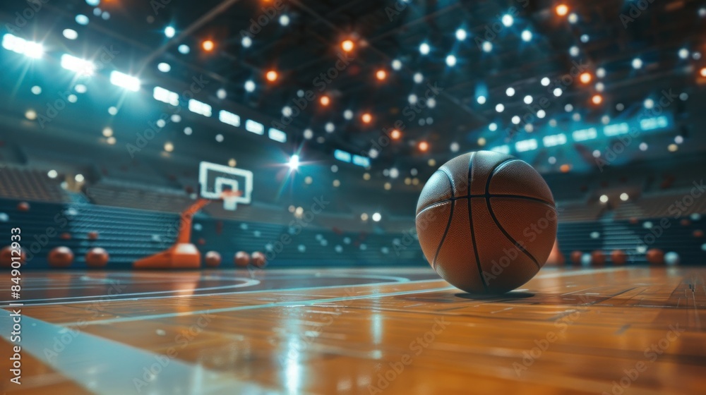 Basketball game sport arena stadium court on spotlight with basket ball on floor Basketball game sport arena stadium court on spotlight with basket ball on floor