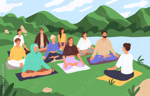 Group of people meditating outdoors with mountain, lake landscape. Men and women sit in lotus asana, practice yoga, breathing exercises at nature. Retreat and mindfulness. Flat vector illustration