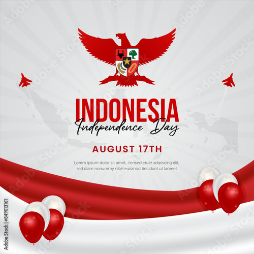 Indonesia independence day August 17th banner with waving flag and Pancasila symbol of Indonesia nation