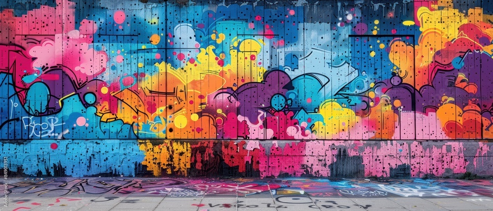 Fototapeta premium Graffiti art on a bridge, vibrant colors and intricate designs blending with urban architecture, ideal for cityscape visuals