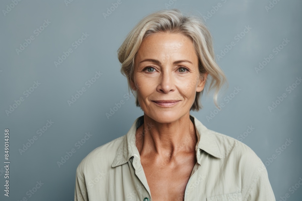 Fototapeta premium Portrait of a tender woman in her 50s sporting a breathable hiking shirt isolated on blank studio backdrop