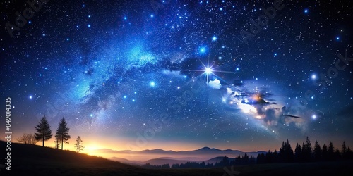 Beautiful starry night sky with twinkling stars over a dark silhouette landscape, starry night, sky, stars © Sangpan