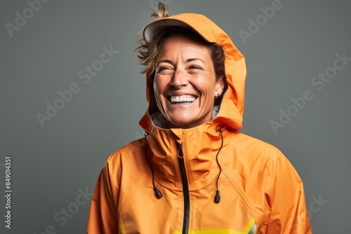 Portrait of a smiling woman in her 50s wearing a windproof softshell in front of blank studio backdrop photo