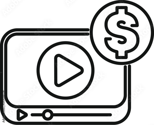 Line art icon of a video player with a dollar symbol, representing online content monetization