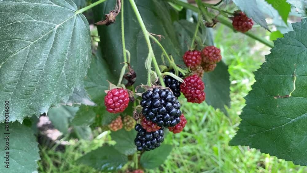Twig with i blackberries on a branch with green leaves. Summer time. Healthly food. Sweet ripe berries. Garden Background. Household farming, gardening. For video presentation, advertising. Close up. Twig with i blackberries on a branch with green leaves. Summer time. Healthly food. Sweet ripe berries. Garden Background. Household farming, gardening. For video presentation, advertising. Close up.