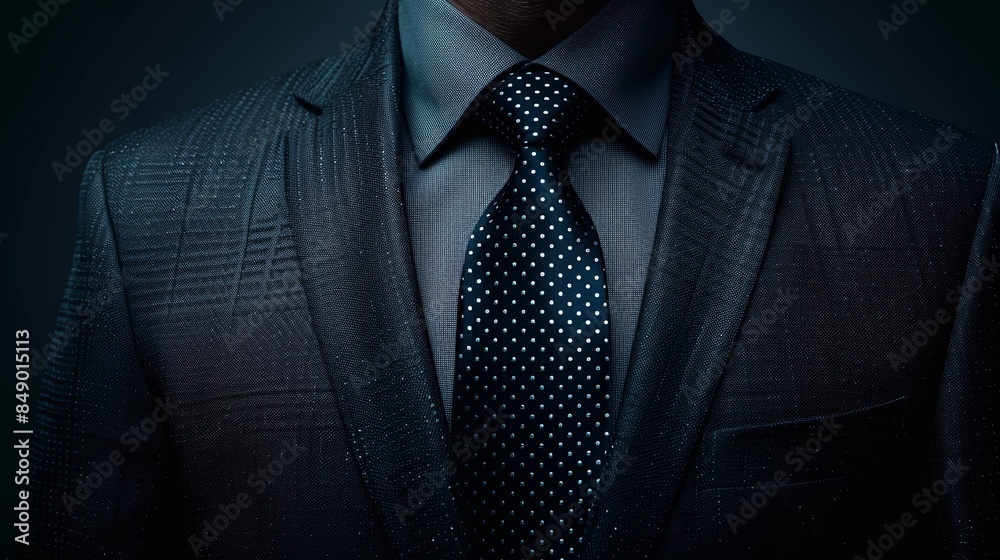 Close-up of a man wearing a dark suit and tie, showcasing professionalism and confidence. Close-up of a man wearing a dark suit and tie, showcasing professionalism and confidence.