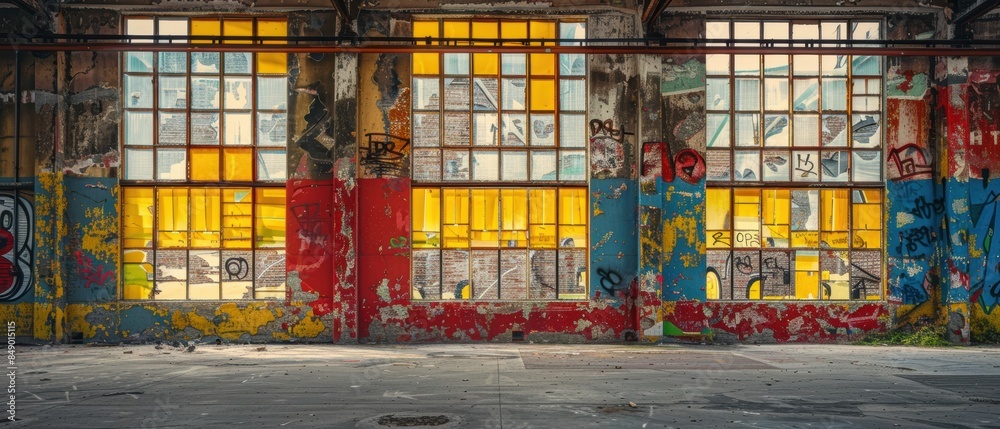 Graffiti art on an old factory wall, rich textures and vibrant colors ...