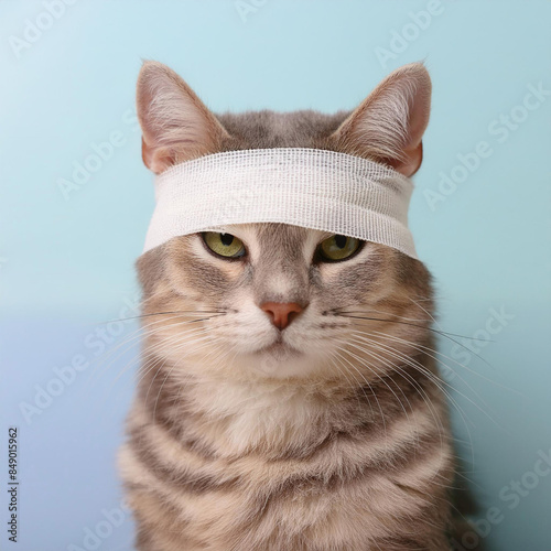 A cat with a bandage on its head