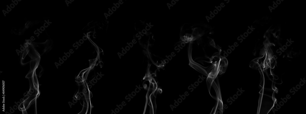 Collection set of white smoke moving on black background. Smoke clouds. Isolated abstract lines.
Collection set of white smoke moving on black background. Smoke clouds. Isolated abstract lines.