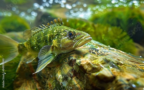 Hungry algae-eating fish eat algae growing on rocks, in freshwater Amano iwagumi style photo