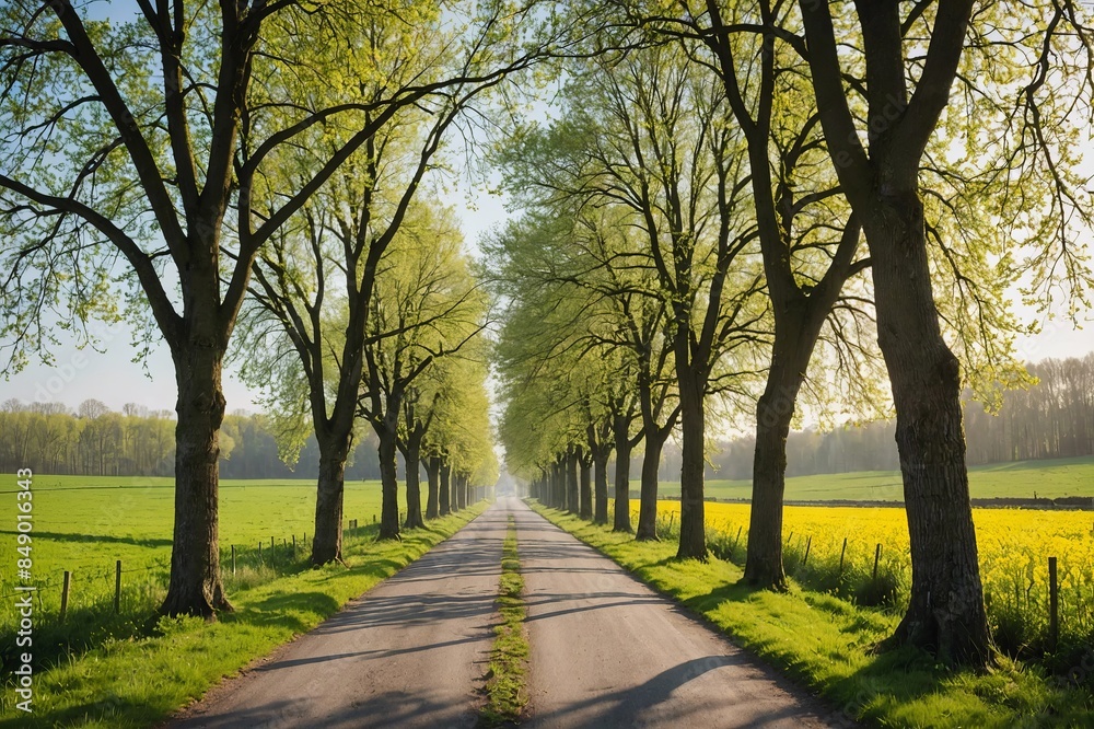 A rural road in spring in bright morning light A rural road in spring in bright morning light