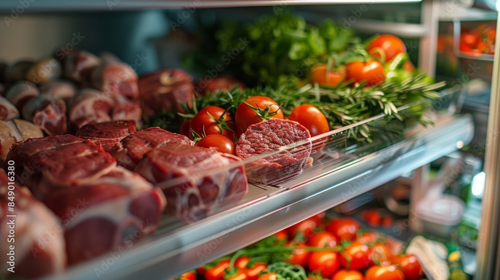 Fresh Meat and Vegetables in a Refrigerator Fresh Meat and Vegetables in a Refrigerator