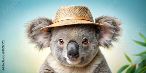 Cute koala bear wearing a hat , koala, bear, hat, adorable, animal, wildlife, Australian, furry, marsupial, eucalyptus, tree, bush © sompong
