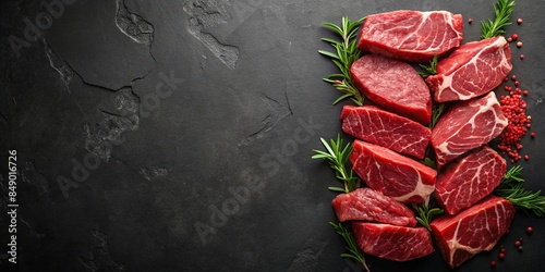 Minimalist black background with array of succulent cuts of beef arranged in left corner, food, meat, steak, gourmet photo