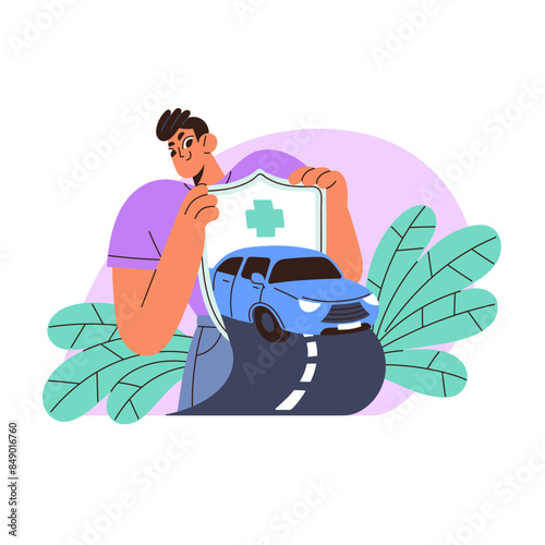 Car insurance concept. Automobile policy, assurance of rent, sale. Driver with shield sign cares about auto safety, protection for accidents. Flat isolated vector illustration on white background